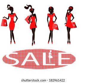 Set of silhouettes of fashionable girls on a white background/ Sale