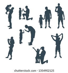 Set of silhouettes of father and child. Man and son in different positions. The boy was five years old.