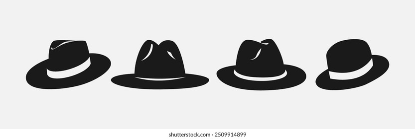 Set silhouettes of fedora hat. Icon, logo  on white background. Vector illustration.