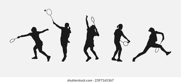 conjunto de siluetas de mujeres atletas o jugadores de bádminton. aislado de fondo blanco. ilustración vectorial gráfica.