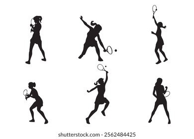 Set of silhouettes of female badminton players