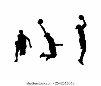 set of silhouettes of female basketball athlete with different pose, gesture, movement. isolated on white background. Illustration, vector, collection