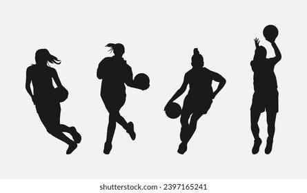 set of silhouettes of female basketball players with different poses, gestures. isolated on white background. vector illustration.