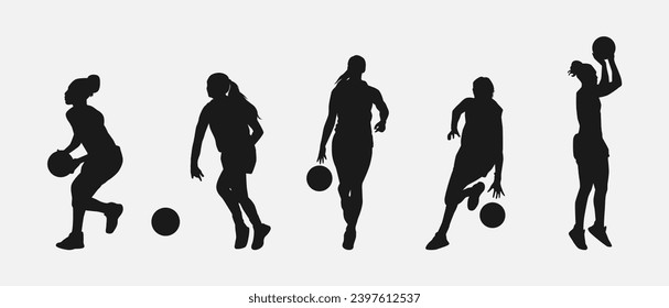 set of silhouettes of female basketball players with different poses, gestures. isolated on white background. vector illustration.