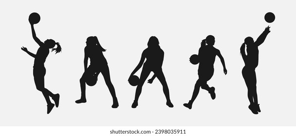 set of silhouettes of female basketball players with different poses, gestures. isolated on white background. vector illustration.