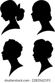 Set of silhouettes of female faces with different hairstyles in vintage style. Hand drawn vector illustration