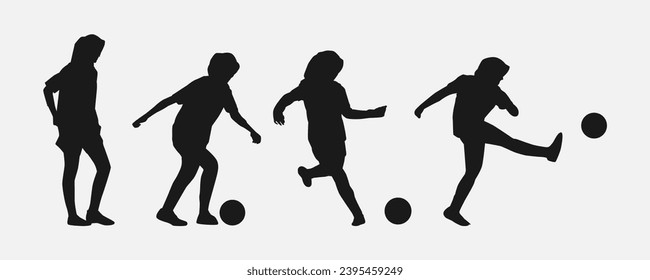 set of silhouettes of female football, soccer athletes wearing hijab standing, preparing to kick, kicking the ball. side view. isolated on white background. graphic vector illustration.