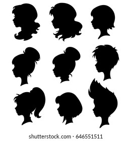 Set of silhouettes of a female profile, vector.