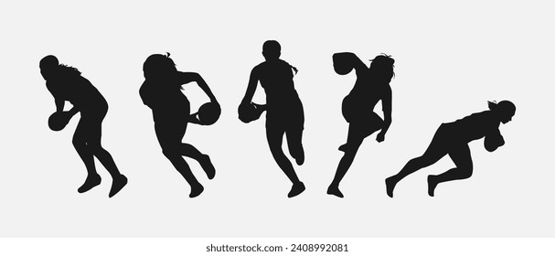 set of silhouettes of  female rugby athlete with different pose, gesture. isolated on white background. vector illustration.