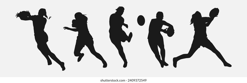 set of silhouettes of female rugby athlete with different pose, gesture. isolated on white background. vector illustration.