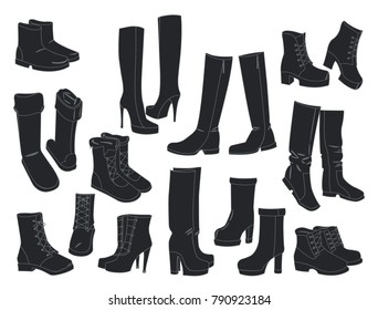 Set of silhouettes of female shoes sporty, casual, classic and other isolated on white background