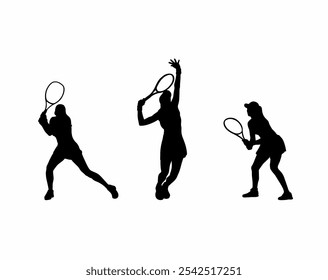 set of silhouettes of female tenis athlete with different pose, gesture, movement. isolated on white background. Illustration, vector, collection