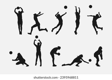 set of silhouettes of female volleyball athlete with different pose, gesture, movement. isolated on white background. vector illustration.