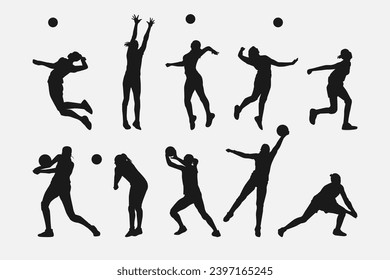 set of silhouettes of female volleyball athlete with different pose, gesture, movement. isolated on white background. vector illustration.