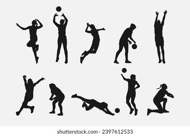 set of silhouettes of female volleyball athlete with different pose, gesture, movement. isolated on white background. vector illustration.