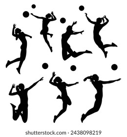 set of silhouettes of female volleyball athlete with different pose, gesture, movement. isolated on white background.