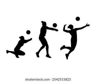 set of silhouettes of female volleyball athlete with different pose, gesture, movement. isolated on white background. Illustration, vector, collection