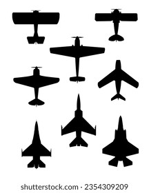 Set of silhouettes of fighter planes on a white background. Air military transport vector illustration