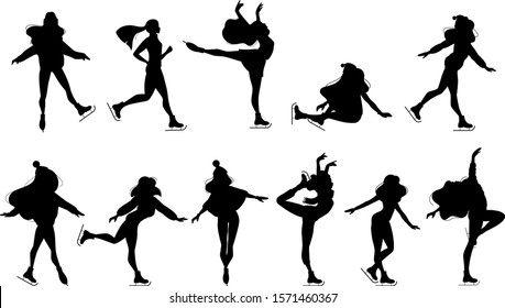 Set of silhouettes figure skating graceful girls in beautiful poses.  Winter sports activity figure ice skating illustrations — women sillhoettes on ice rink set isolated on white background - Vector