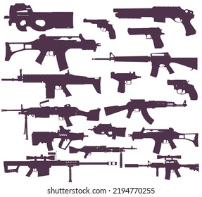 Set of silhouettes of firearms