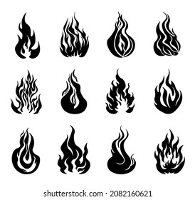 Set of silhouettes fires on white background. Variety vector fires in flat style.