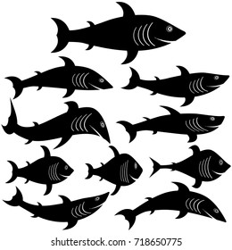 Set of silhouettes of fish of different shapes and types. Emotional characters. Vector illustrations.