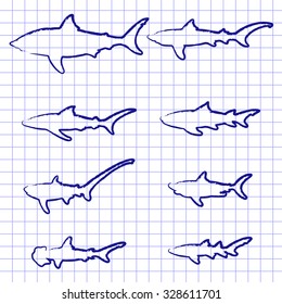 set of silhouettes of fish isolated on a notebook sheet