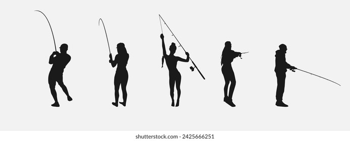 set of silhouettes of fishing. isolated on white background. vector illustration.