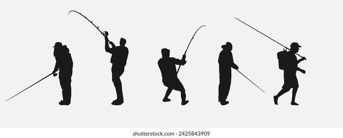 set of silhouettes of fishing. isolated on white background. vector illustration.