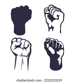 Set of silhouettes Fist raised up in protest