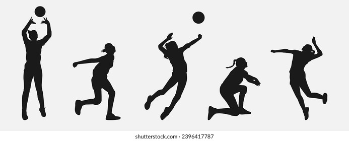 set of silhouettes of five female volleyball athlete with different pose, gesture, movement. isolated on white background. vector illustration.