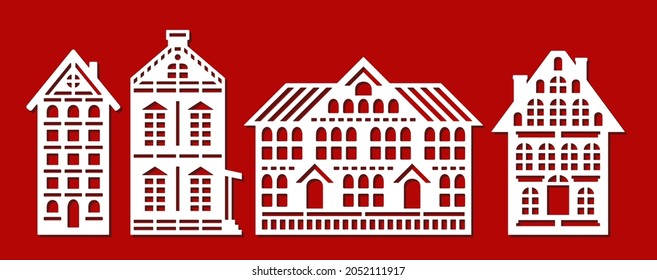 Set of silhouettes of flat houses. Facades of various buildings, houses, cottages, townhouses. Many floors, attic, roof, chimney, windows, door. Vector template for plotter laser cutting of paper, cnc