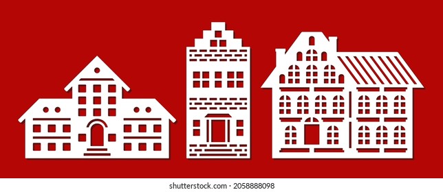 Set of silhouettes of flat houses. Facades of various buildings, houses, cottages, townhouses. Many floors, attic, roof, chimney, windows, door. Vector template for plotter laser cutting of paper, cnc