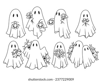 Set of silhouettes floral ghosts. Collection of mystical evil Halloween spirits with flower and pumpkin bucket. Stylized souls. Funny monster. Vector illustration of magical creatures.