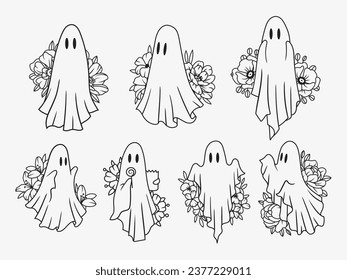 Set of silhouettes floral ghosts. Collection of mystical evil Halloween spirits with flower and pumpkin bucket. Stylized souls. Funny monster. Vector illustration of magical creatures.