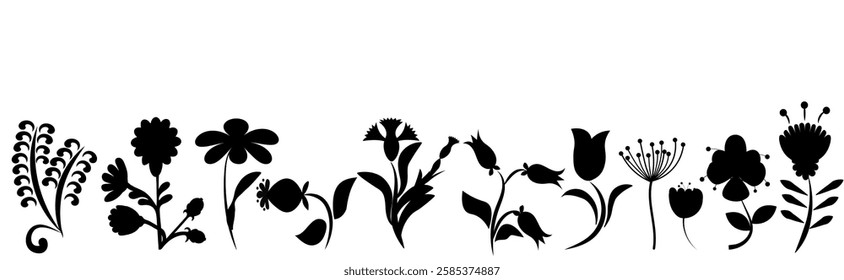 Set of silhouettes of flowers, in black color. Flat design, folk motif, Vector illustrations