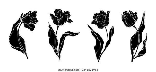 Set of silhouettes of flowers and buds of tulips.Vector graphics.