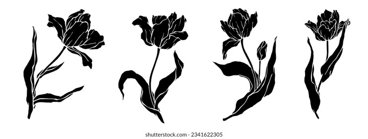 Set of silhouettes of flowers and buds of tulips.Vector graphics.