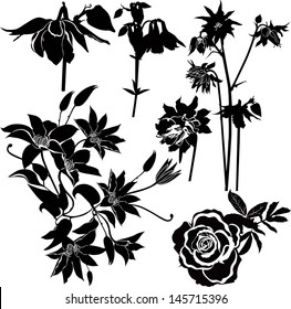 set of silhouettes of flowers isolated on white background