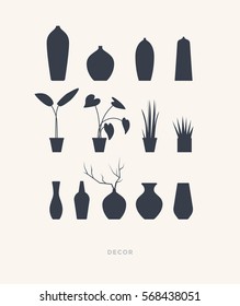 Set of silhouettes of flowers on a light background. Vases icons. Vector illustration.