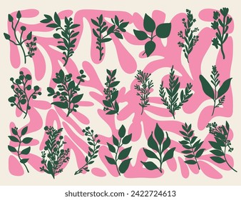 A set of silhouettes of flowers, plants and leaves for rustic chic and boho syle decor and design.