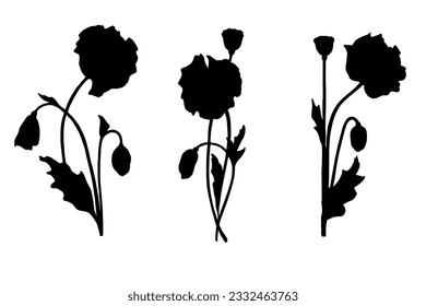 Satz von Silhouetten von Blumen und Mohnknospen. Vektorgrafiken.