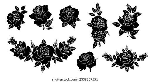 Set of silhouettes of flowers and rosebuds. Vector graphics.