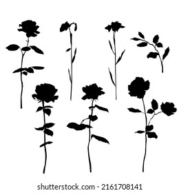 Set of silhouettes of flowers, roses, iris, twig, vector, black color, isolated on white background, hand drawing