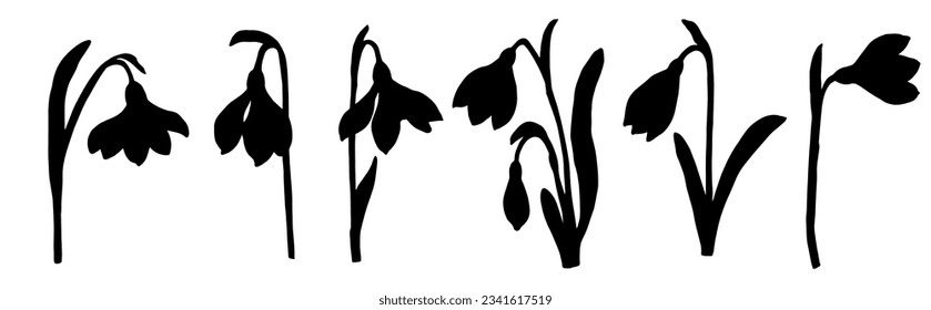 Set of silhouettes of flowers and snowdrop buds.Vector graphics.