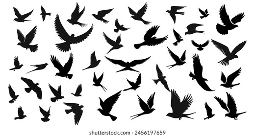 Set of silhouettes of flying birds in a flat style on a white background. Vector illustration