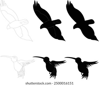 Set of silhouettes of flying birds in a flat style on a white background. Vector illustration with transparent background.