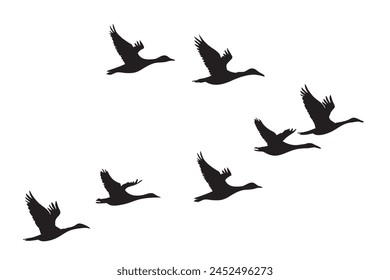 Set of silhouettes of flying geese. Birds flock with V formation. Geese migrating season