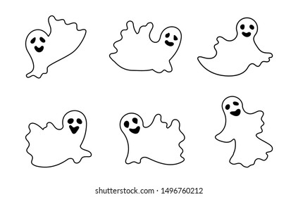 Set of Silhouettes flying Ghosts isolated on white background. Creepy funny cute character. Halloween cartoon doodles. Design for greeting card, gift box, wallpaper, fabric. Vector Illustration.
