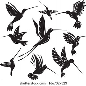 Set of silhouettes flying hummingbirds Isolated colibri symbol vector illustration